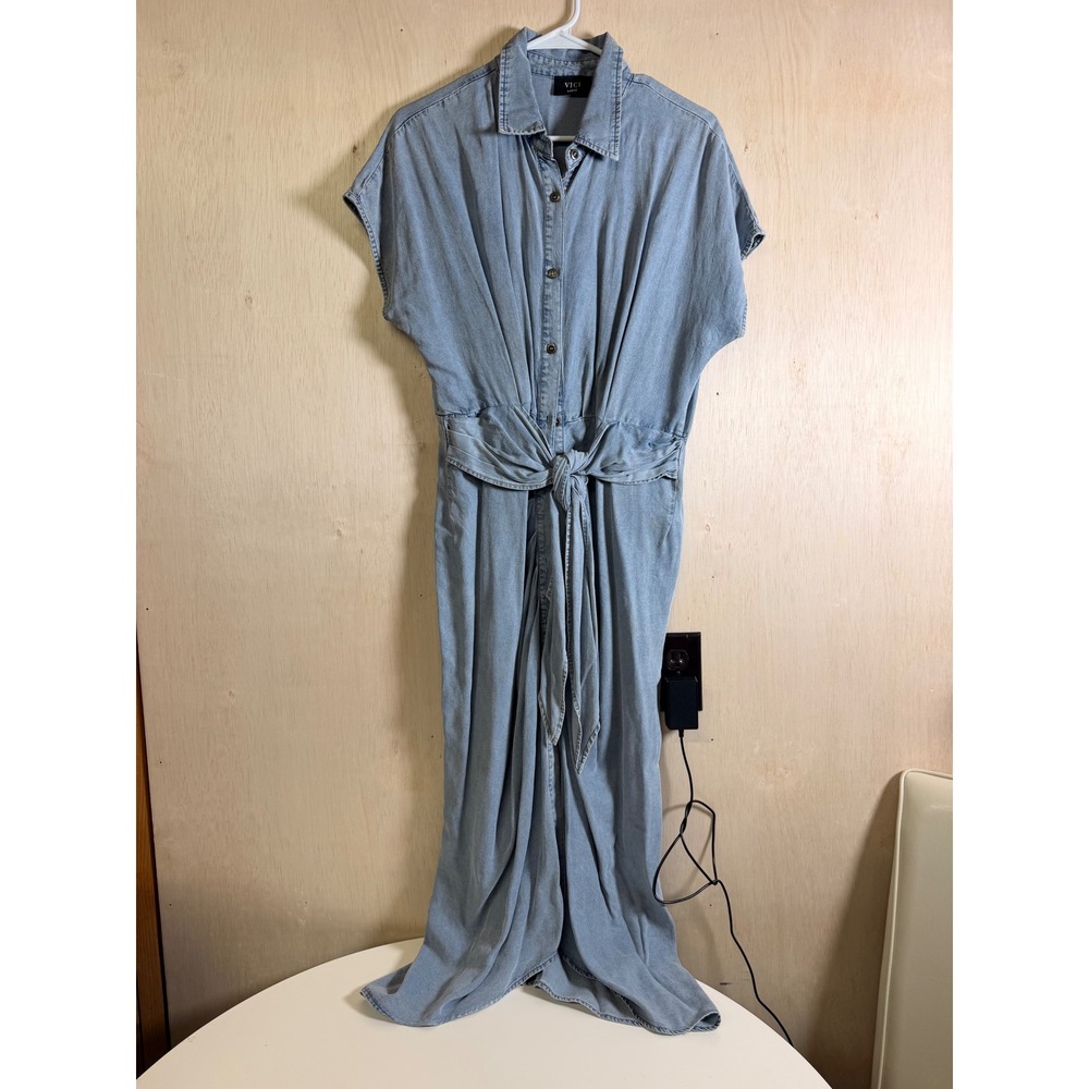VICI Shirt Maxi Dress Womens Large Light Blue Excellent Tie Waist 123D4161